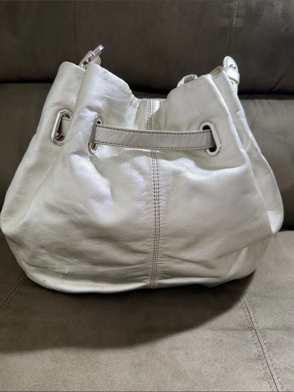 Cole Haan Metallic Silver Leather Drawstring Bucket Bag